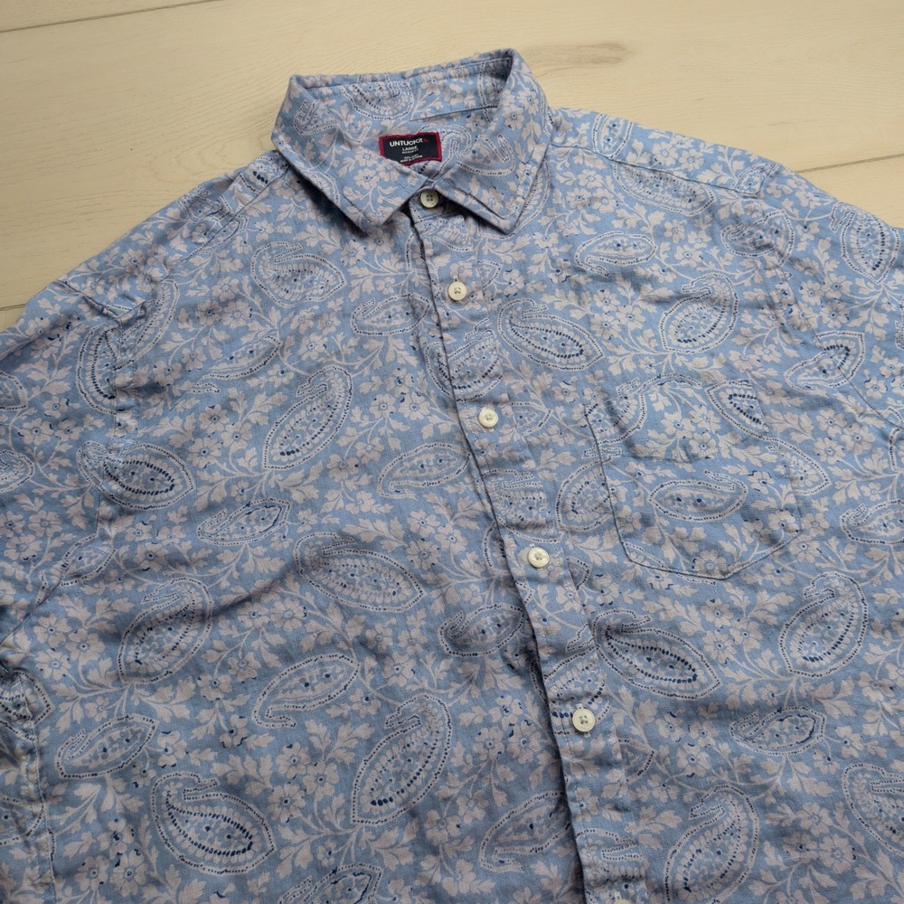 UNTUCKit Turner Linen Shirt Mens Large Placid Blue Paisley Short Sleeve 42020